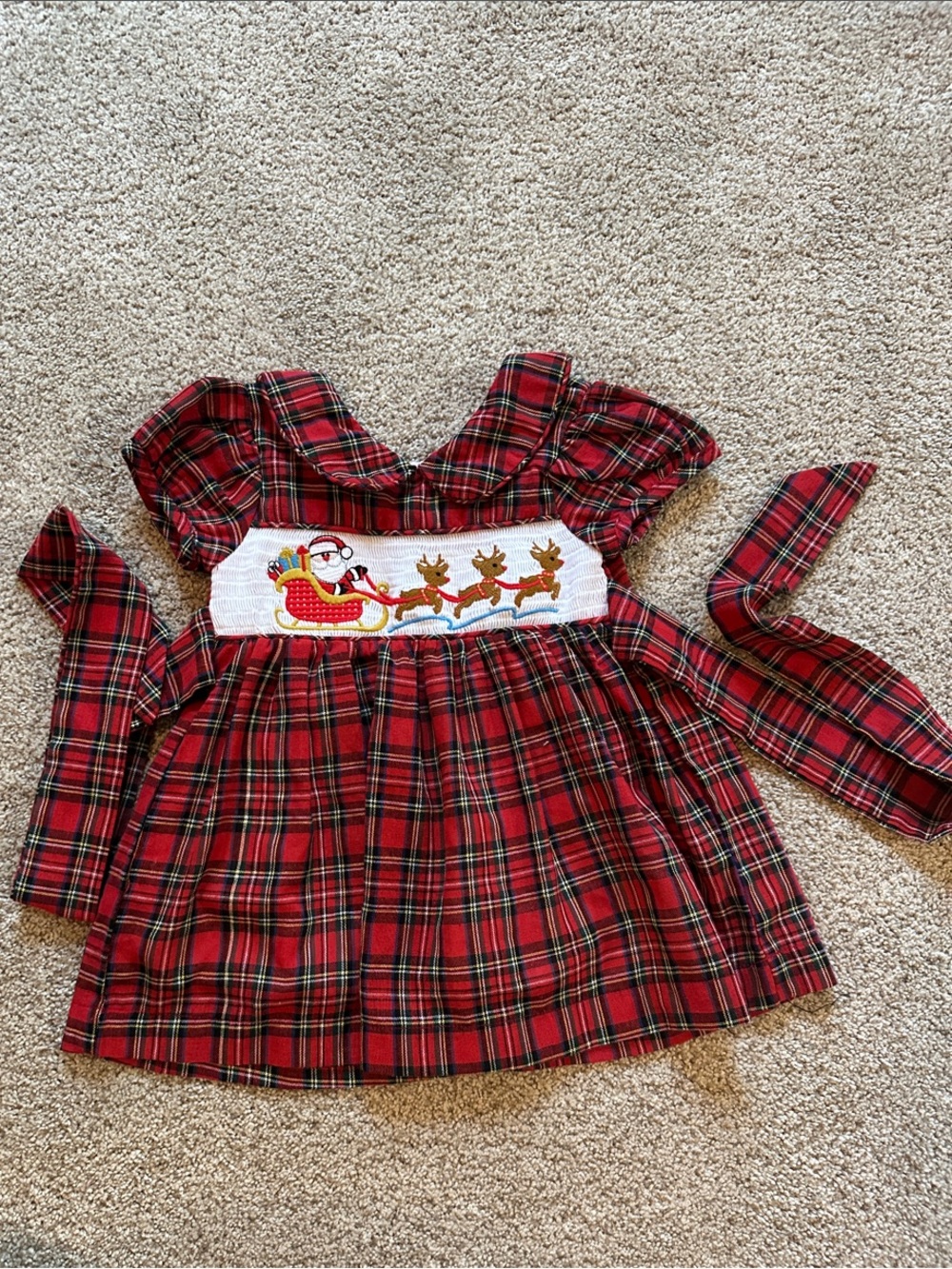 6-12M Dress- Lil Cactus Red Plaid Smocked Christmas Dress with Santa & Reindeer